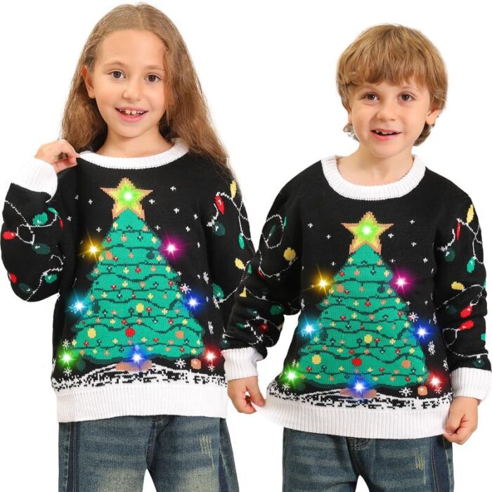 FWV Kids Ugly Christmas Sweater,Light Up Girls Boys Christmas Sweater Black,Toddler Xmas Holiday Ugly Sweaters with Lights Gift