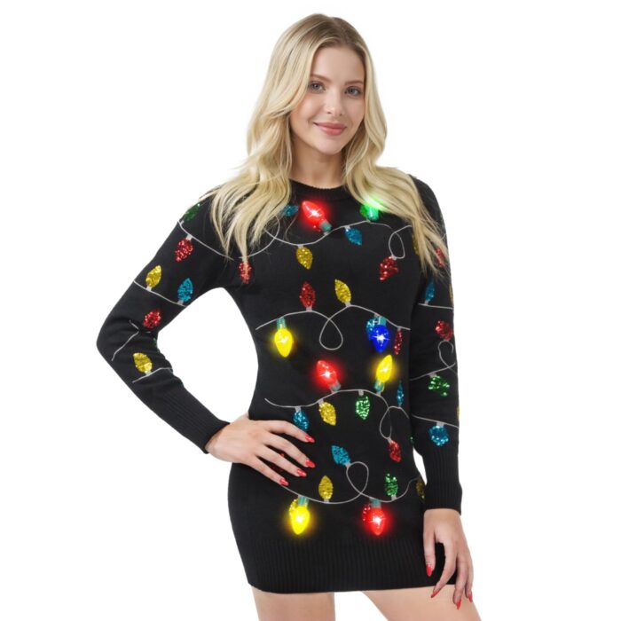 Giggling Getup Womens Light Up Ugly Christmas Sweater Dress with Colorful Light Up Bulb, Sweater Dresses for Women Black