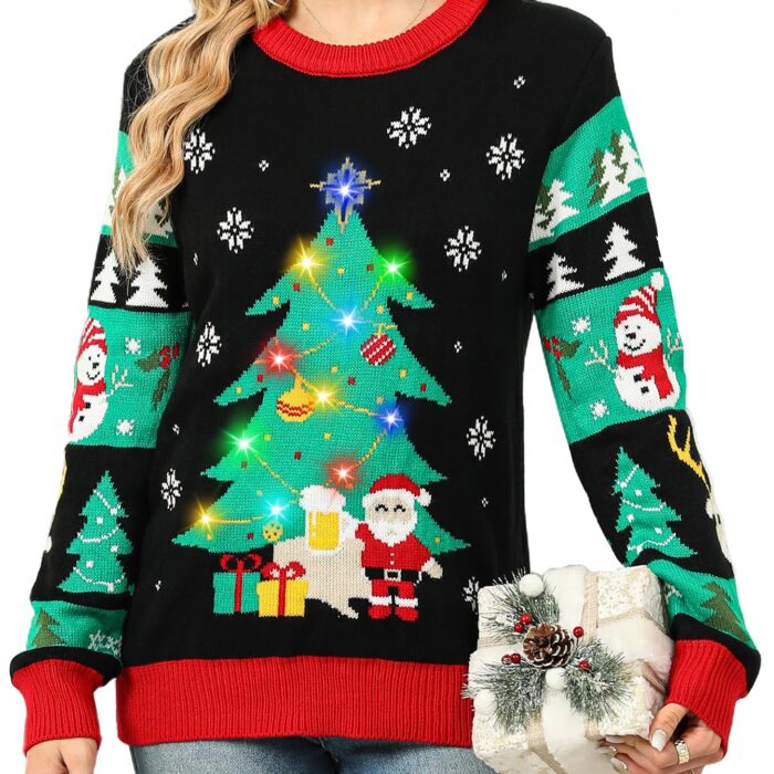 Ugly Christmas Sweater for Women 2024 Built-in Bulbs LED Light Up Christmas Tree, Funny Christmas Party Sweater Women Black 2X Large