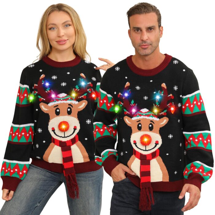 Ugly Christmas Sweater for Women Men,Light up Christmas Sweater,Funny Unisex Reindeer Xmas Ugly Sweater Christmas for Couples Black