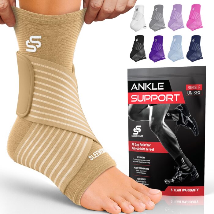 Sleeve Stars Ankle Brace for Sprained Ankle, Plantar Fasciitis Relief Ankle Support for Women, Ankle Compression Sleeve w/ Strap (Single/Beige)