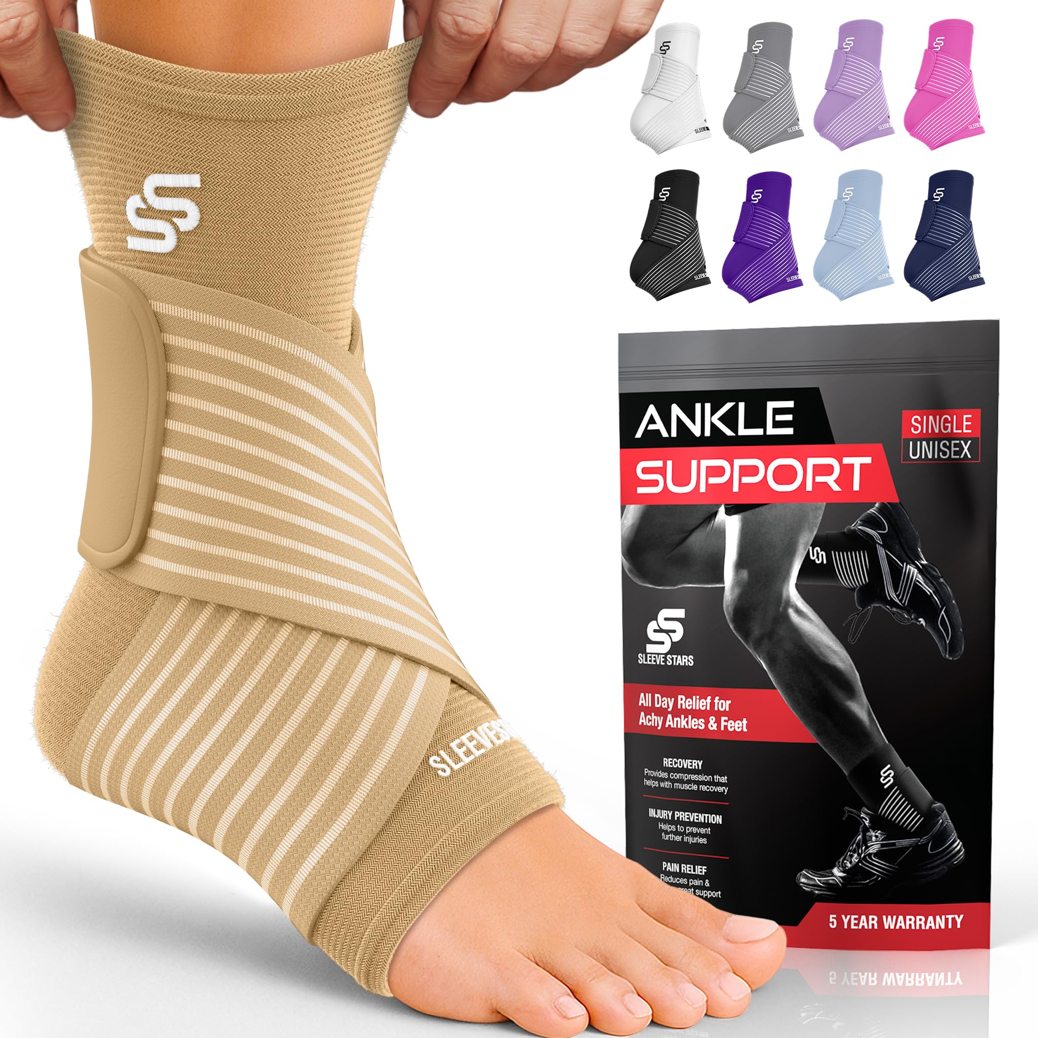 Sleeve Stars Ankle Brace for Sprained Ankle, Plantar Fasciitis Relief Ankle Support for Women, Ankle Compression Sleeve w/ Strap (Single/Beige)