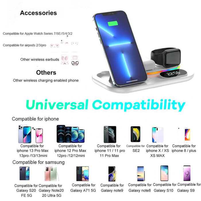 Wireless Charging Station 4 In1 Fast Charging Station Wireless Charger Stand Compatible For  13 12 3 2 Pro IWatch 7 6 5 SE 4 3 2 1 For  Galaxy